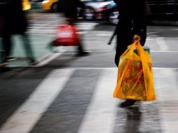 Personas cargan bolsas con sus compras afuera de un centro comercial en Nueva York. EFE/A. Vigaray