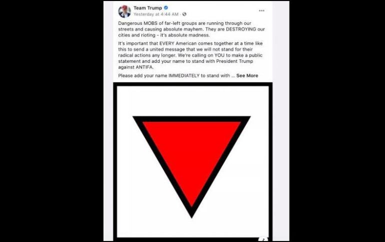 El triángulo rojo compartido por la campaña de Trump acompañaba un mensaje en que se pedía a los internautas que firmasen un manifiesto de condena a Antifa. AFP