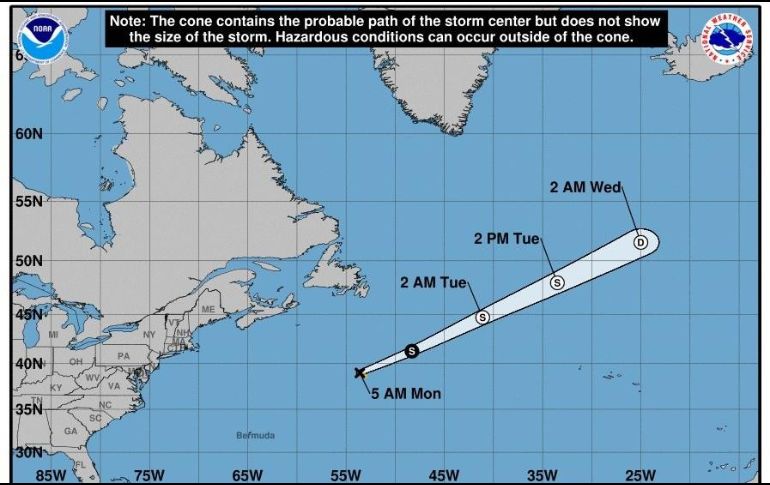 Fotografía cedida por el Centro Nacional de Huracanes (NHC) donde se observa la trayectoria de tres días de la tormenta tropical 