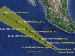 Para el 9 de julio, Cristina será un huracán categoría 2 a una distancia de 730 kilómetros al suroeste de Playa Perula, Jalisco). TWITTER/conagua_clima