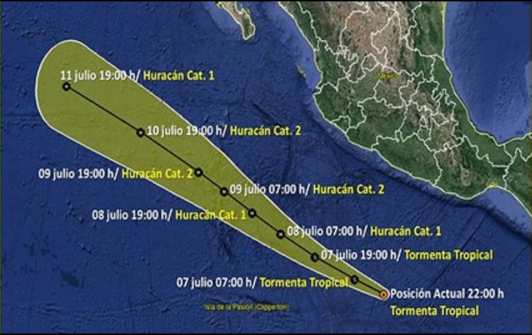 Para el 9 de julio, Cristina será un huracán categoría 2 a una distancia de 730 kilómetros al suroeste de Playa Perula, Jalisco). TWITTER/conagua_clima