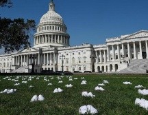Los zapatos de plástico blanco fueron dispuestos en el césped frente al edificio del Congreso estadounidense. AFP/O. Douliery