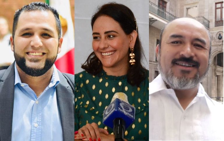 Los legisladores Javier Romo (izq), Mariana Fernández (cen) y Bruno Blancas (der) están entre los casos recientes de COVID-19 en el Congreso de Jalisco. ESPECIAL