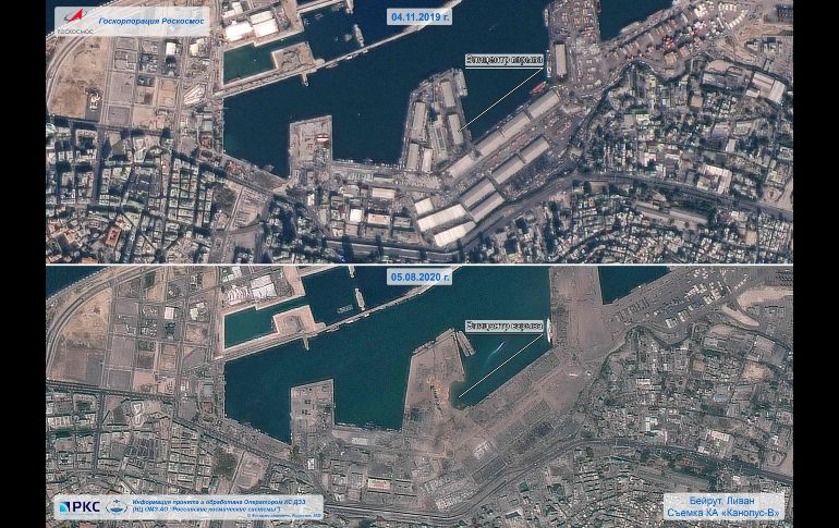 Un comparativo del puerto en noviembre de 2019 (arriba) y del 5 de agosto (abajo). AFP/Agencia espacial rusa Roscosmos
