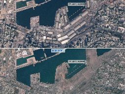 Un comparativo del puerto en noviembre de 2019 (arriba) y del 5 de agosto. AFP/Agencia espacial rusa Roscosmos