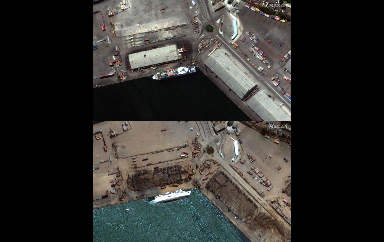 Aquí se aprecia el crucero Orient Queen el pasado 31 de julio (arriba) y cómo quedó volteado tras la explosión (abajo). AP/2020 Maxar Technologies