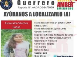 De acuerdo con la Alerta Amber que publicó la FGE, la menor es de complexión delgada, piel morena, vestía pants gris y huaraches cafés. ESPECIAL