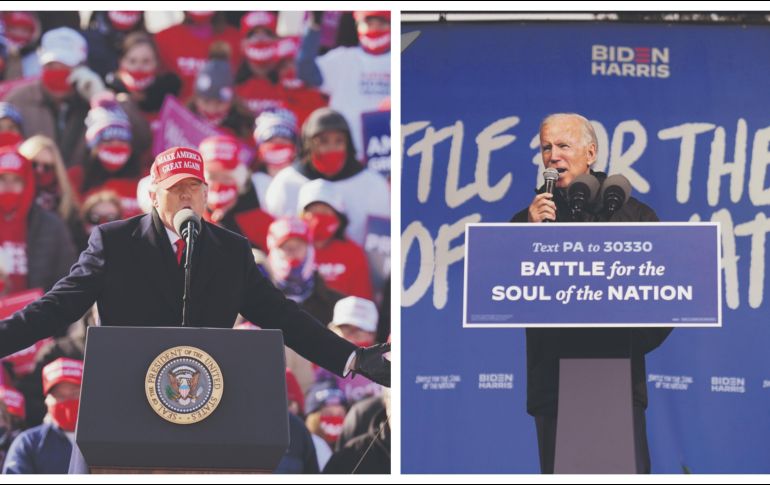 APUESTAS. Los contendientes (Trump a la izquierda y Biden a la derecha) visitarán los estados clave a un día de la contienda. AP