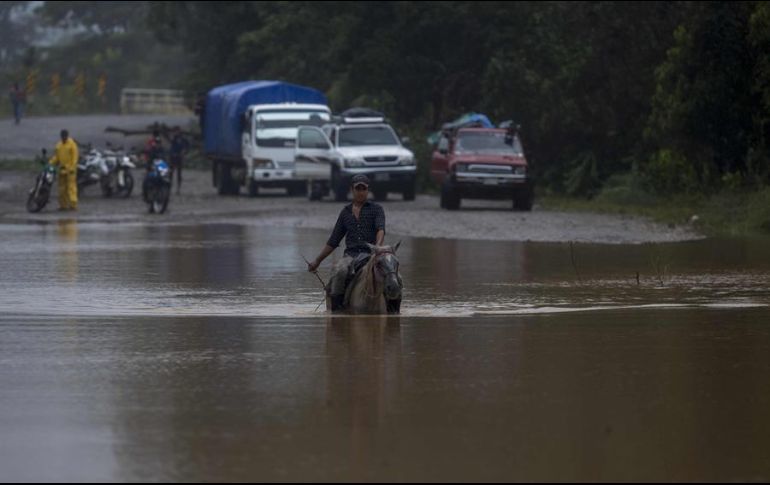 Un campesino montado en su caballo cruza un camino inundado en la comunidad Okonwas en Rosita, Nicaragua. EFE/J. Torres