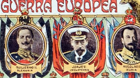 El káiser Guillermo II (izq.) y el zar Nicolás II (der.) eran primos hermanos del rey británico Jorge V (centro) y todos formaban parte de la familia de la reina Victoria. GETTY IMAGES /