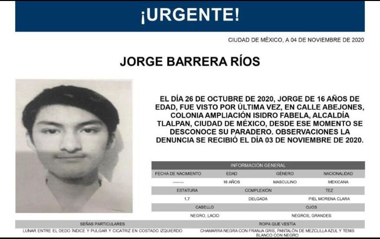 Tras su desaparición, el alumno Jorge Barrera Ríos fue hallado el pasado 5 de noviembre en las inmediaciones del Estadio Azteca. ESPECIAL