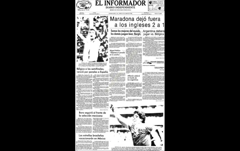 El 22 de junio de 1986 se registró el partido más recordado de la carrera de Diego Maradona, la Selección de Argentina derrotó a Inglaterra 2-1 y pasó a las semifinales del Mundial de México-1986 con dos goles de su autoría, el primero con la mano y el segundo en una fantástica jugada individual en la que superó la marca de seis rivales. Así se publicó un día después.