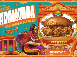 La campaña de promoción turística inckuye un arte realizado por Raul Urias, un artista mexicano para resaltar las grandes atracciones de Guadalajara, una de ellas El Chicken Sándwich de Popeyes. ESPECIAL