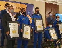 La taekwondoín Paula Fregoso, el frontenista Arturo Rodríguez Faisal, el clavadista Iván García, el nadador Arnulfo Castorena y el entrenador de ciclismo Iván Ruiz fueron los reconocidos en esta edición 2020. EL INFORMADOR  / D. Reos