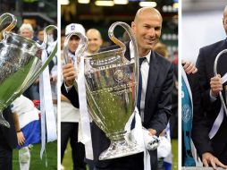 Combo de imágenes del técnico del Real Madrid, Zinedine Zidane, con los tres trofeos de Champions League conseguidos de forma consecutiva. EFE/ARCHIVO