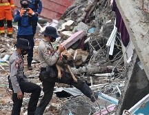 Policías y un perro entrenado buscan hoy sobrevivientes en un hospital colapsado en Mamuju, la ciudad más afectada por el sismo. AFP/A. Berry