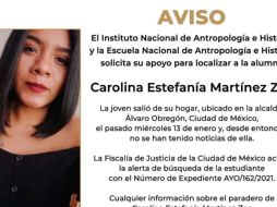 La Fiscalía General de Justicia de la Ciudad de México activó la alerta de búsqueda de Carolina Estefanía Martínez Zea. TWITTER / @cultura_mx ·