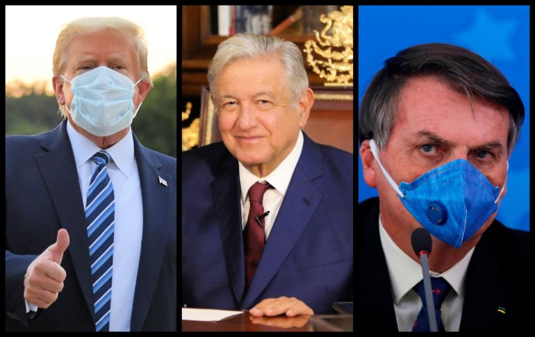 Donald Trump (izq), López Obrador (centro) y Jair Bolsonaro (der), son 3 de los presidentes más prominentes que han tenido COVID-19. ESPECIAL
