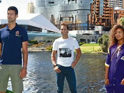 Novak Djokovic, Rafael Nadal y Naomi Osaka posaron para la promoción del primer Grand Slam del año. AFP