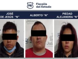 Jesús “N” de 28 años, Alberto “N” de 38 años, y Piedad Alejandra “N” de 19 años fueron capturados el pasado 10 de febrero por la privación de la libertad de cinco mujeres ESPECIAL/ Fiscalía de Jalisco
