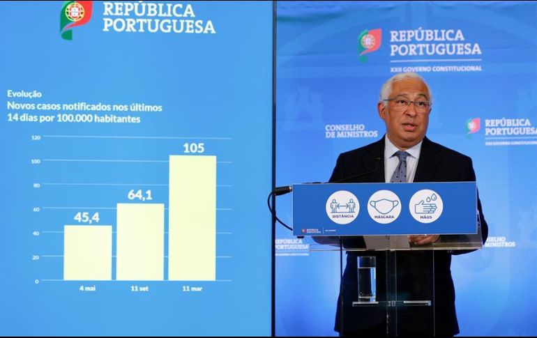 El primer ministro portugués, António Costa, presenta un dispositivo de desconfinamiento en varias etapas en rueda de prensa. EFE/A. Cotrim