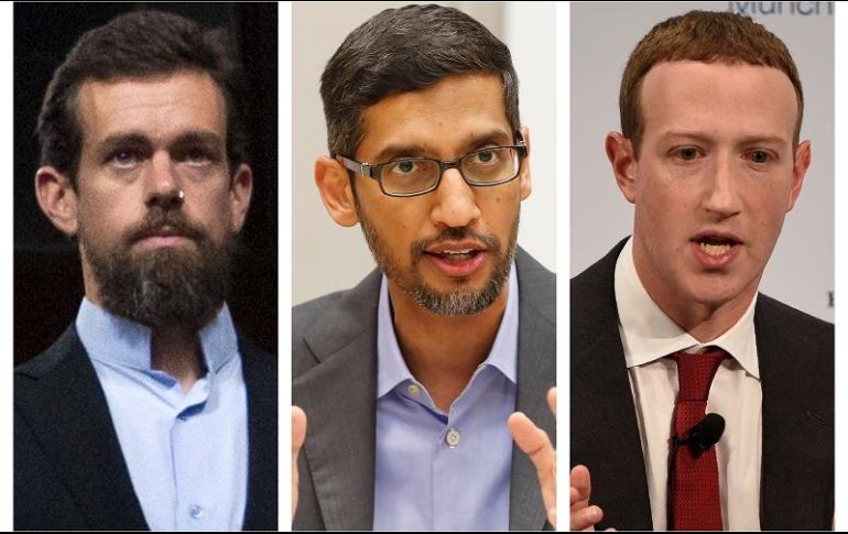 Jack Dorsey, CEO de Twitter; Sundar Pichai, CEO de Google, y Mark Zuckerberg, CEO de Facebook, de nuevo en el ojo del huracán. AP