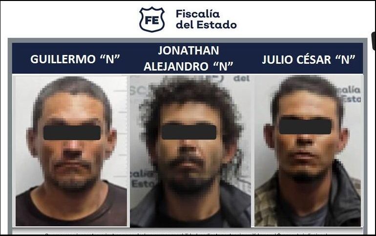 Guillermo “N”, Jonathan Alejandro “N” y Julio César “N” fueron detenidos el pasado 26 de abril por elementos de la Policía de Guadalajara.  ESPECIAL /Fiscalía de Jalisco