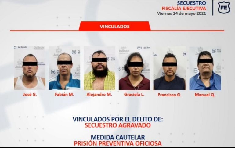 José “G”, Fabián “M”, Alejandro “M”, Francisco “G”, Manuel “Q” y Graciela “L” son enviados a prisión preventiva oficiosa como medida cautelar. ESPECIAL / Fiscalía de Jalisco
