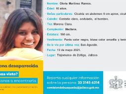 Se trata de Gloria Martínez, de 16 años, quien al momento de su desaparición vestía una blusa amarilla, pants y tenis negros. ESPECIAL
