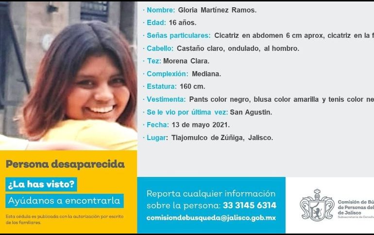 Se trata de Gloria Martínez, de 16 años, quien al momento de su desaparición vestía una blusa amarilla, pants y tenis negros. ESPECIAL