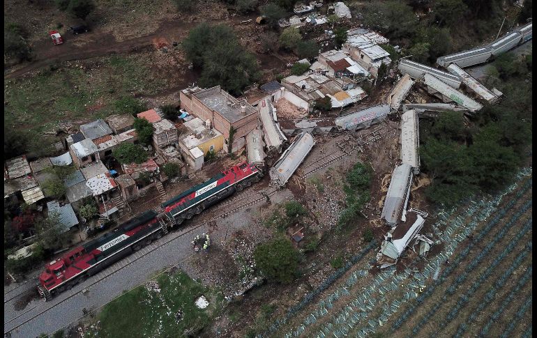 Vista aérea tras el descarrilamiento del tren en Tala, Jalisco. AFP/U. Ruiz