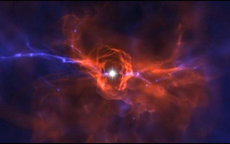 Esta simulación de cómo se vería una de las primeras estrellas se basa en datos astronómicos. Muchos de ellas eran más masivas que nuestro Sol y tuvieron una vida relativamente corta.  RALF KAEHLER/TOM ABEL