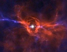 Esta simulación de cómo se vería una de las primeras estrellas se basa en datos astronómicos. Muchos de ellas eran más masivas que nuestro Sol y tuvieron una vida relativamente corta.  RALF KAEHLER/TOM ABEL