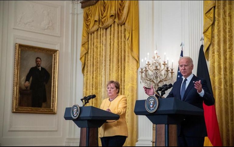Joe Biden habla durante una conferencia de prensa con la canciller alemana, Angela Merkel, de visita en Washington. EFE/S. Thew