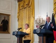 Joe Biden habla durante una conferencia de prensa con la canciller alemana, Angela Merkel, de visita en Washington. EFE/S. Thew