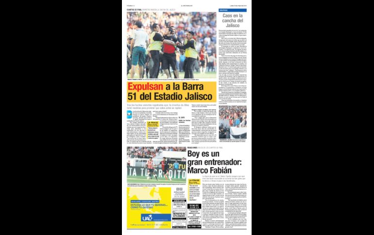 VERGÜENZA. Uno de los episodios más vergonzosos en la historia del Atlas ocurrió en 2015, cuando varios aficionados se brincaron al campo buscando agredir a sus propios jugadores, quienes estaban siendo humillados por Chivas en plena Liguilla. EL INFORMADOR/ARCHIVO