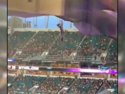 Cuando al fin el gato no pudo sostenerse más del alambre, cayó directo a la bandera sano y salvo. ESPECIAL