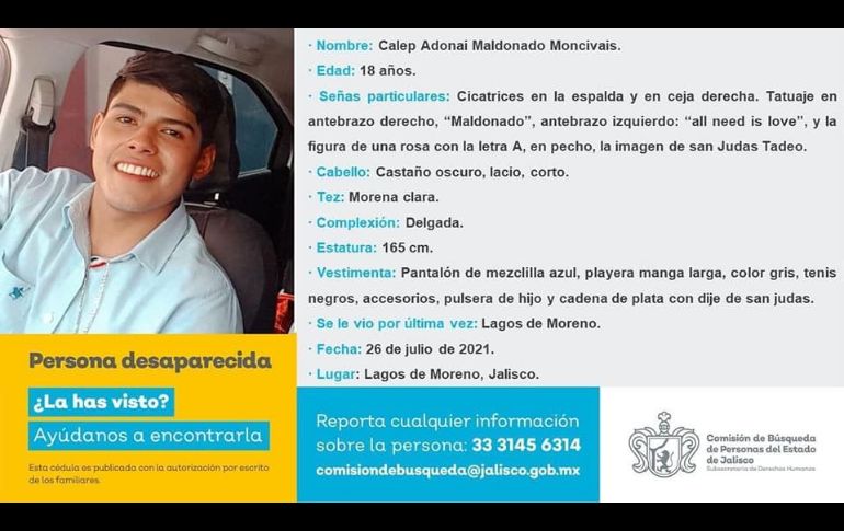 La Comisión de Búsqueda de Personas de Jalisco emitió cédula de búsqueda de Calep Adonai y los otros 3 desaparecidos.. ESPECIAL