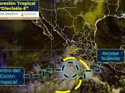 La Depresión tropical 16-E se localiza aproximadamente a 470 kilómetros al sur de Manzanillo y a 950 km al sur de Mazatlán. ESPECIAL / smn.conagua.gob.mx