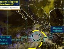 La Depresión tropical 16-E se localiza aproximadamente a 470 kilómetros al sur de Manzanillo y a 950 km al sur de Mazatlán. ESPECIAL / smn.conagua.gob.mx