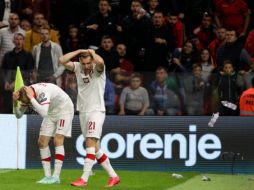 Karol Swiderski había anotado para Polonia a los 77 minutos cuando, al parecer, fue golpeado por una botella lanzada por los seguidores de Albania. AP/F. ZHURDA