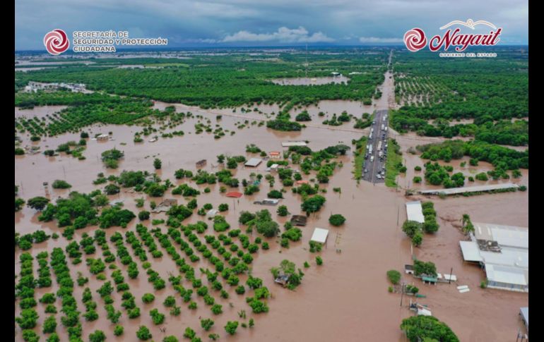El desborde del río Acaponeta dejó amplias zonas inundadas, como se aprecia en imágenes aéreas captadas el 13 de octubre. FACEBOOK/GobNay
