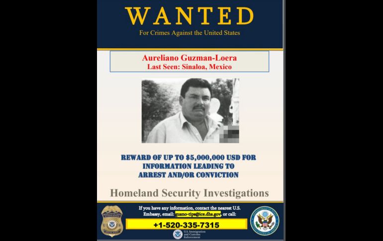 El Departamento de Estado estadounidense publicó publicó esta ficha de la recompensa por Aureliano Guzmán Loera. TWITTERHSIPhoenix