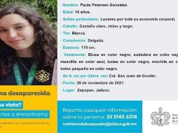 Paula Petersen tiene 16 años, es de tez blanca, complexión delgada y mide 1.70 de estatura. ESPECIAL