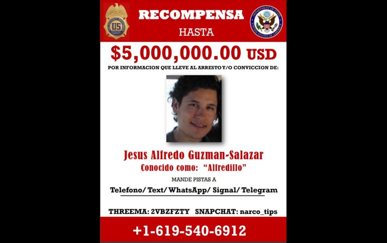Jesús Alfredo Guzmán Salazar. Se ofrece una recompensa de hasta 5 millones de dólares por información que lleva a la detención de cada uno de los cuatro hijos del 