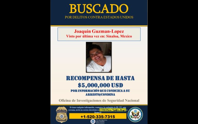 Joaquín Guzmán López. Los pósters de recompensa están en versiones en inglés y en español. ESPECIAL/U.S. Department of State