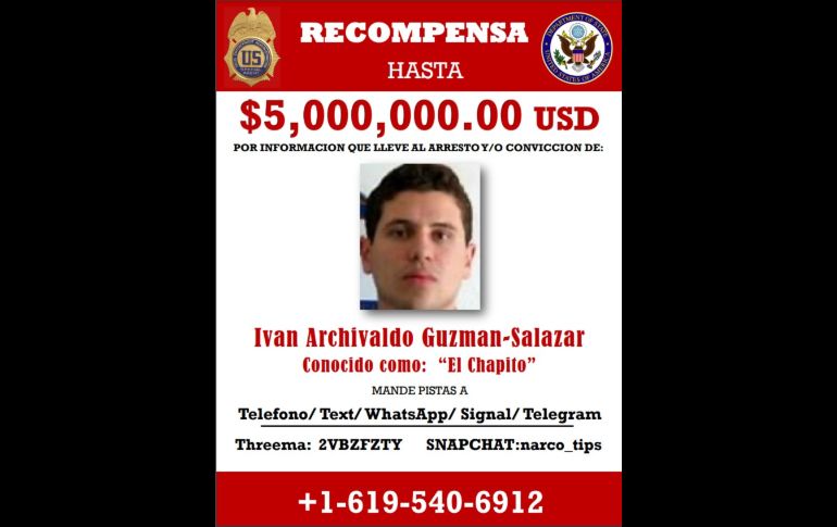 Iván Archivaldo Guzmán Salazar. Los buscados están acusados de delitos de narcotráfico. ESPECIAL/U.S. Department of State