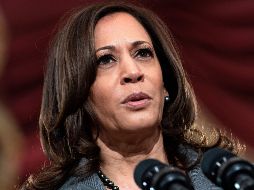 La vicepresidenta Kamala Harris da un discurso desde el Capitolio de EU para conmemorar el primer aniversario del asalto. AFP / G. Nash