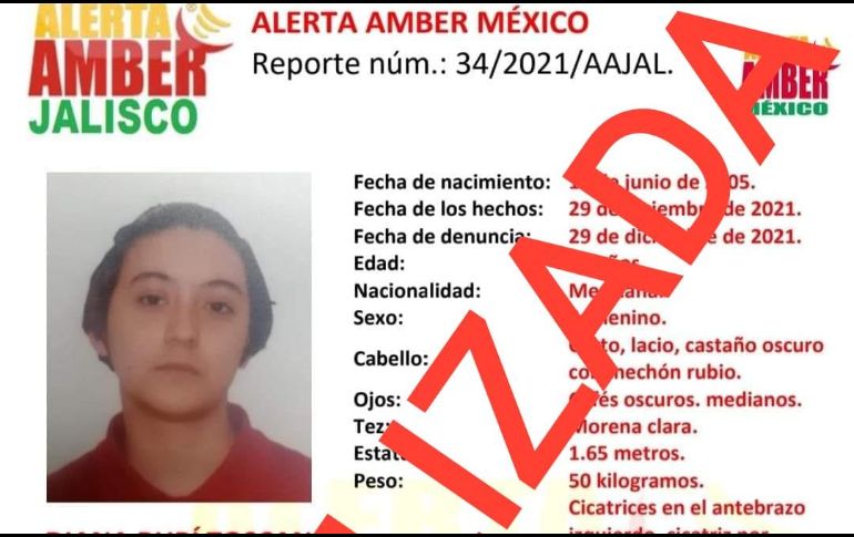 La Fiscalía informó que Diana Rubí, de 16 años de edad, se encuentra en buen estado de salud. TWITTER / @AAMBER_JAL