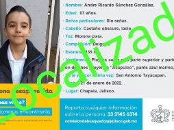 La Comisión de Búsqueda de Personas de Jalisco confirma la localización del menor André Ricardo Sánchez González, desaparecido ayer. ESPECIAL